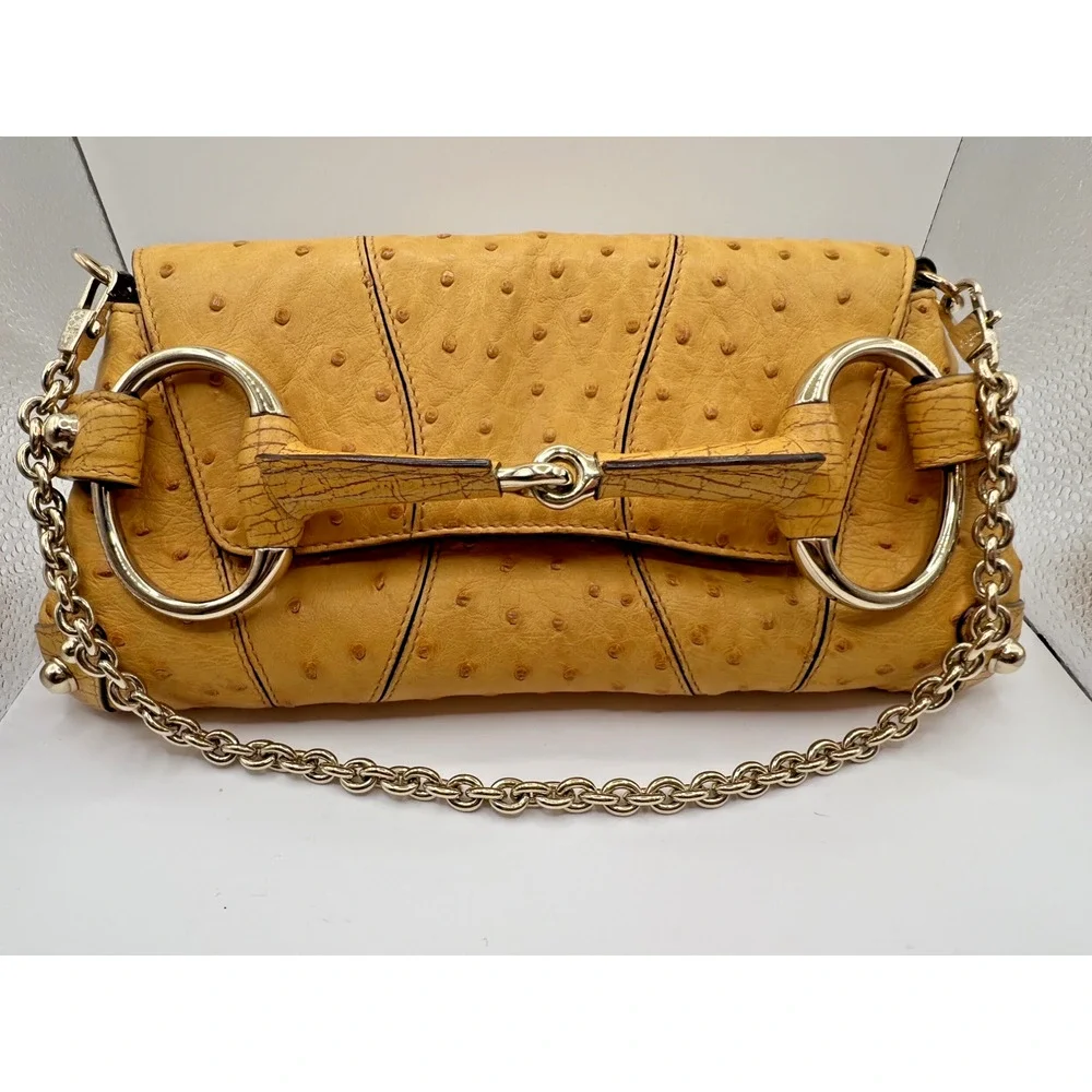 VINTAGE GUCCI Tom Ford Ostrich Leather Horsebit Flap Clutch Yellow Evening Bag - Picture 6 of 12